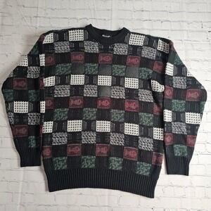 Impact Vintage 90s Checkered Patchwork Sweater Leather Trim Black XL Coogi Style